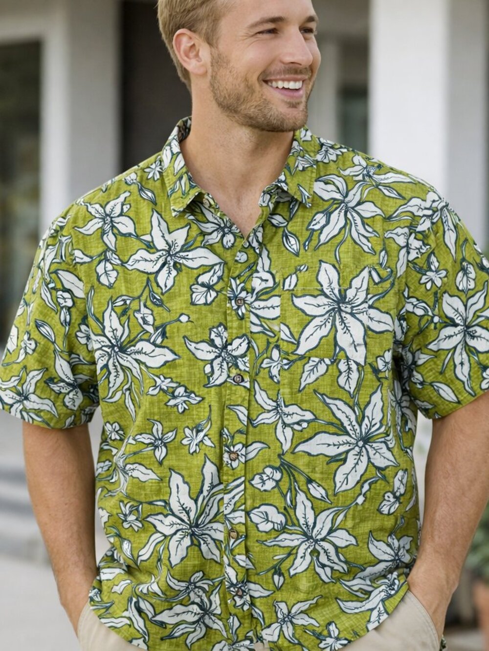 Reyn Spooner Green Hawaiian Shirt Large Classic Fit Floral Aloha Camp Resort